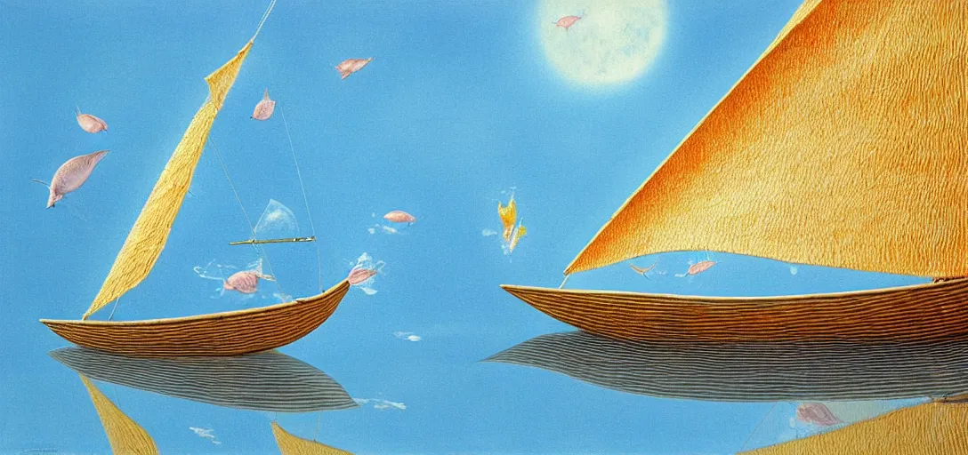 Prompt: a kitten in a sail boat made of fish skin, translucent and hyperrealistic and ultra - detailed in the style of roger dean, bloom, glow, reflection, refraction, matte, glossy, smooth, emissive material