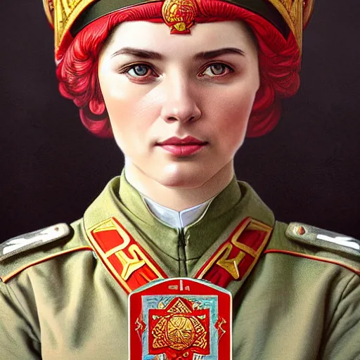 Image similar to a portrait of a female soviet officer, upper half portrait, decorated with soviet motifs, russian soviet motifs, soviet, traditional russia, intricate, elegant, highly detailed, symmetry, headpiece, digital painting, artstation concept art smooth sharp focus, illustration, art by artgerm and greg rutkowski alphonse mucha 8 k