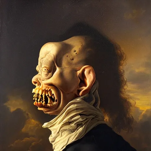 Image similar to refined gorgeous blended oil painting with black background by christian rex van minnen rachel ruysch dali todd schorr of a chiaroscuro portrait of an extremely bizarre disturbing mutated man with shiny skin acne intense chiaroscuro cast shadows obscuring features dramatic lighting perfect composition masterpiece