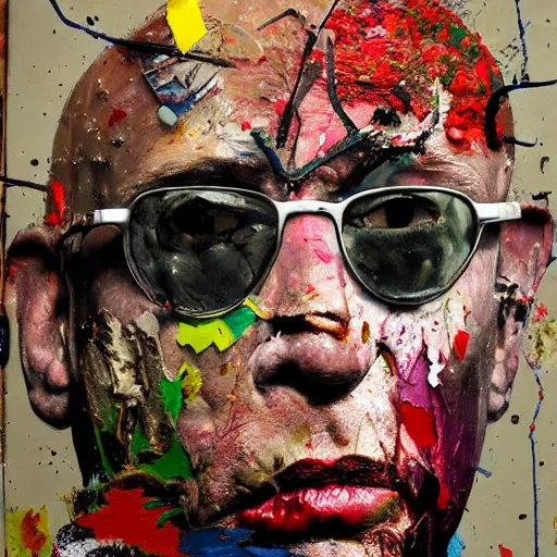 Image similar to hyperrealistic, photorealistic, mixed media oil painting of dr gonzo hunter s thompson, magazine scraps, plaster, blood, oil, mustard, cigarettes, splatter, trending on artstation, award - winning painting, greg rutkowski, basquiat, ralph steadman, terry gilliam