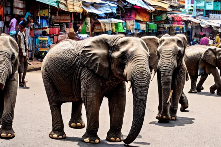 Image similar to elephants walking through an street market in India