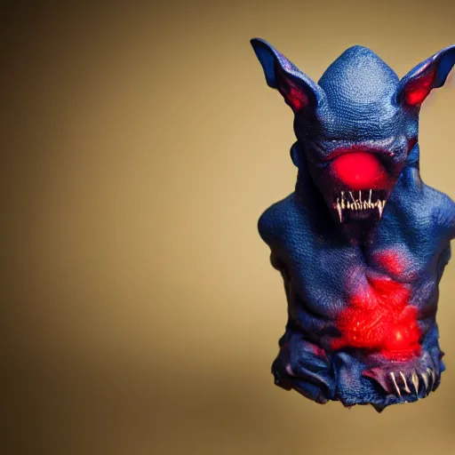 Image similar to detailed full body of scary giant mutant dark blue humanoid pygmy-bat, glowing red eyes, sharp teeth, acid leaking from mouth, realistic, giant, bat ears, bat nose, furred, detailed, 85mm f/1.4