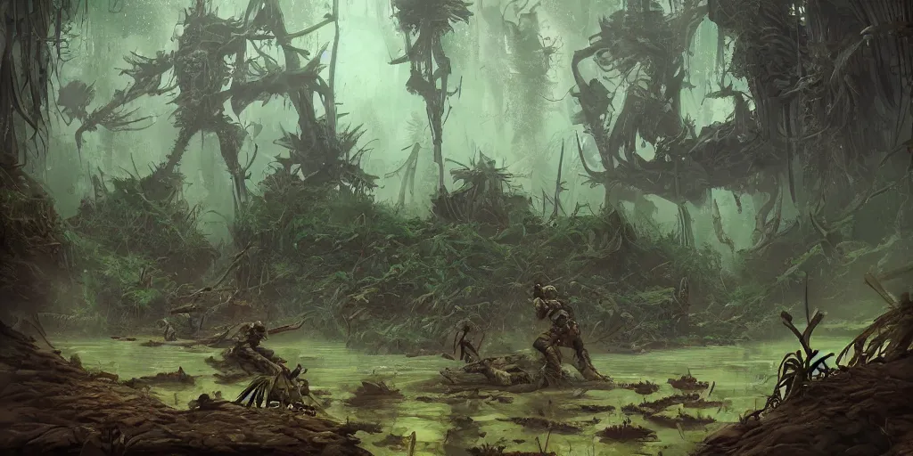 Prompt: guerrillas reed - people fighting giant tank in futuristic spiritual mystical post apocalyptic swampy forest drawn by ron gilbert, dim painterly volumetric aquatic lighting, scenic, beautiful, crisp, artstation, highly detailed