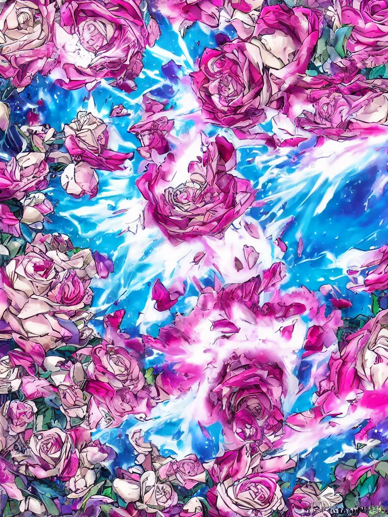 Image similar to hadoken force ball of white and pink roses, flowers exploding and splattering, blue sky, big puffy clouds, spraypaint, wildstyle, totem 2, exploding roses, hodouken, large rose petals, lotus petals, large triangular shapes, studio ghibli anime, radiant lighting, artgerm, manga, trending on artstation, art nouveau, mature colors