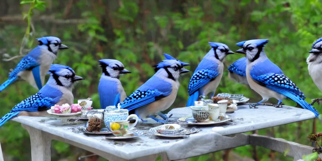 Prompt: a group of blue jay birds having a tea party.