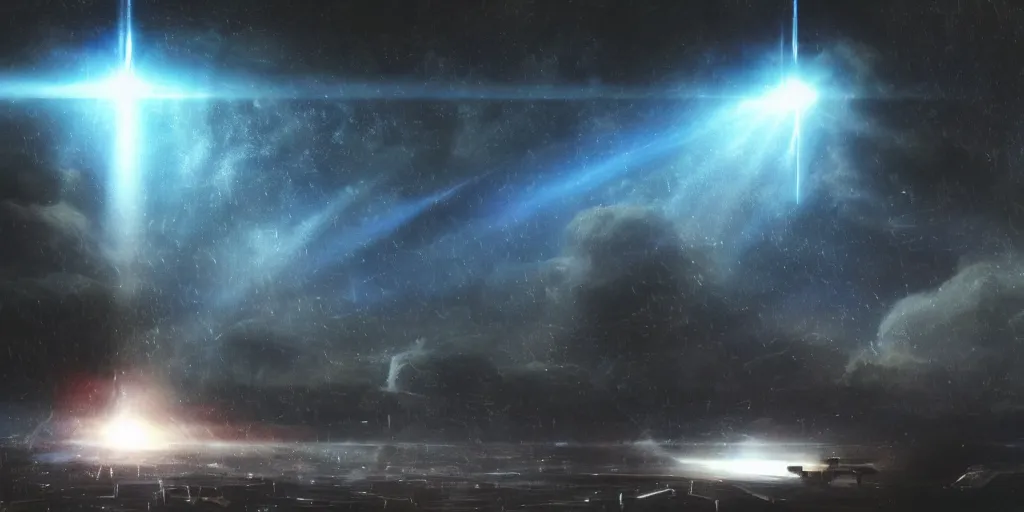 Prompt: space, laser war, spaceship, lasers, meteors, William turner, atmospheric photographic realistic cinematic gritty depth matte painting raining dark volumetric lighting