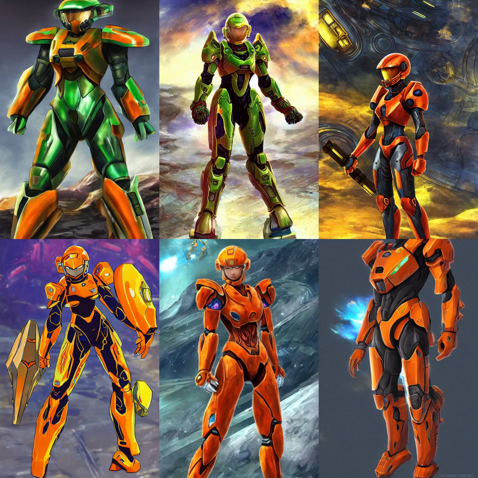 Prompt: samus aran metroid wearing halo spartan mjolnir armor combined with varia suit standing on salt flats, video game, concept art, metroid, halo infinite, good value control, vibrant colors, yellow and orange color scheme