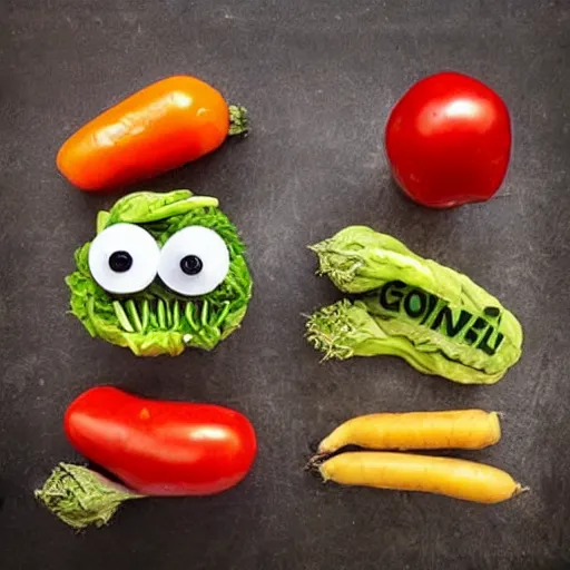 Image similar to the epic battle of good v.s evil as depicted by vegetable art