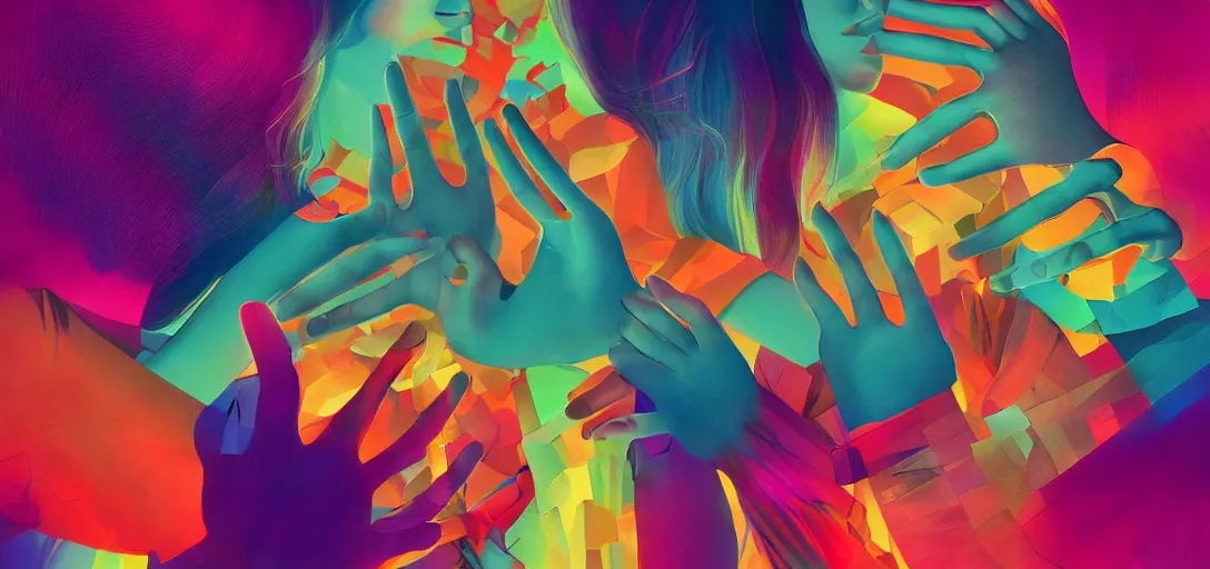 Image similar to xray of couple hands holding, colourful vfx art, art by hsiao, ron cheng, james jean, presented as magazine collage style, volumetric light, colourful, sharp, detailed, digital painting, illustration, illustration, magazine collage, highly detailed, intricate detail, unreal engine, octae render