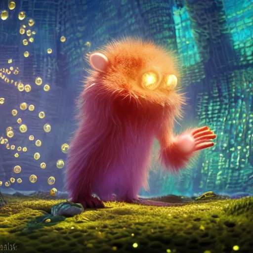 Prompt: tiny fur single - cell monster, floating, rbc, radiolaria, protophyta, micro - organisms, center, symmetric, rim light, marine microbiology, bioluminescence, electric, fur, soft, concept art, intricate details, highly detailed, colorful, photorealistic, disney pixar, octane render, iridescent, anime, 8 k