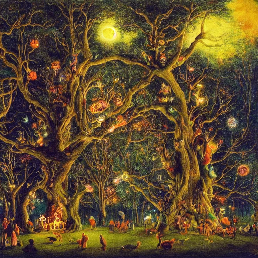 Image similar to a night carnival around a magical tree cavity, with a surreal orange moonlight and fireworks in the background, next to a big lake with iridiscent water, christmas lights, folklore animals and people disguised as fantastic creatures in a magical forest by summer night, masterpiece painted by edward robert hughes, dark night environment