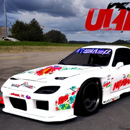 Prompt: itasha mazda rx7 fd with anime decals, jdm, 4k, hyperdetailed, photorealistic