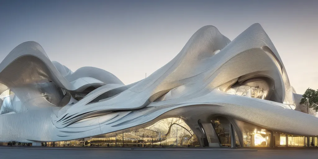 Image similar to extremely detailed ornate stunning beautiful elegant futuristic museum exterior by Zaha Hadid, stunning volumetric light, sunset