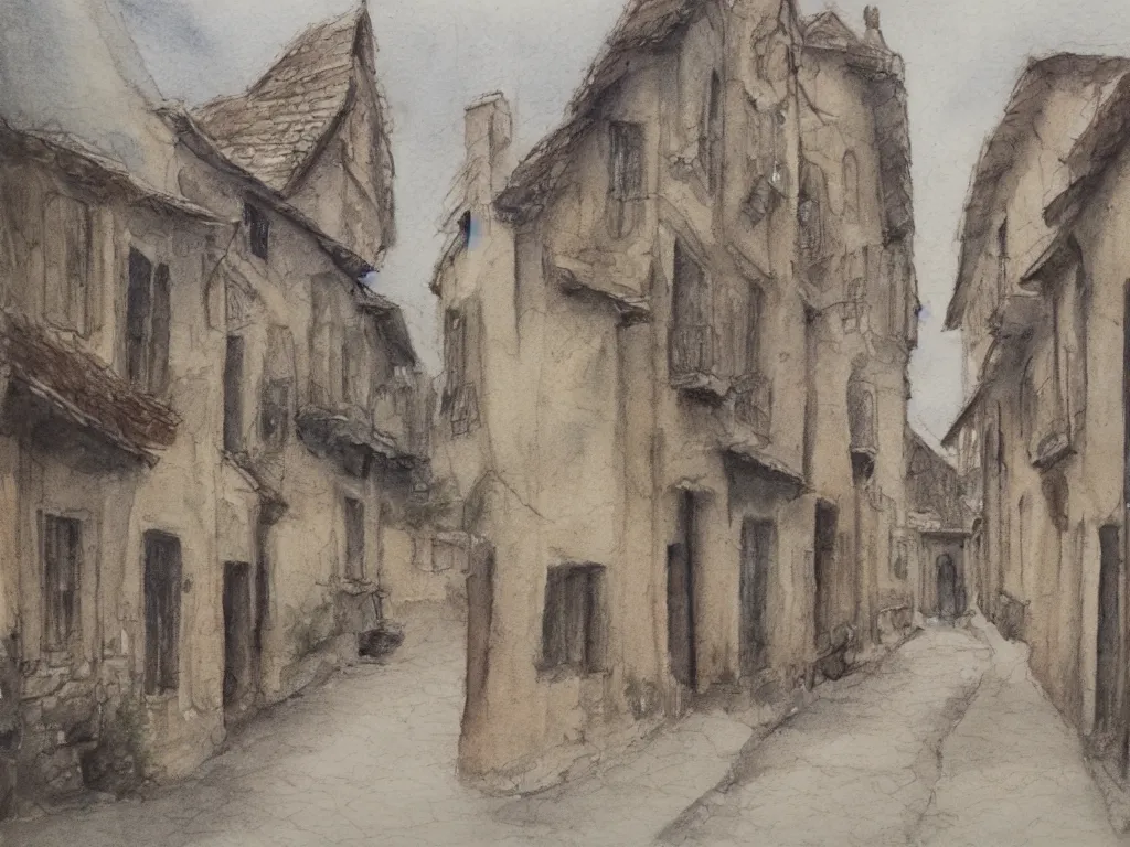 Image similar to a street in a old small village, pencil and watercolor, detailed