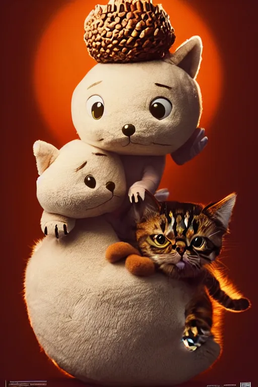 Image similar to round antropomorphic acorn plush toy and his cat friend in a giant bed adventure movie, cerebri movie poster, by nuri iyem, james gurney, james jean, greg rutkowski, anato finnstark. pixar. hyper detailed, 5 0 mm, award winning photography, perfect faces