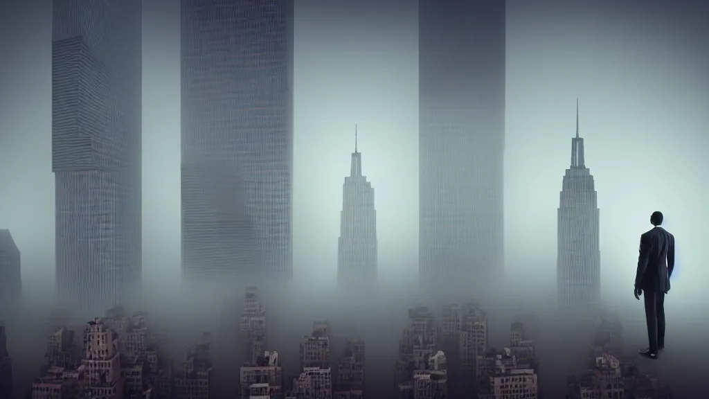 Image similar to Hulk sized Obama towers over a foggy Manhattan; render by Beeple, 4K