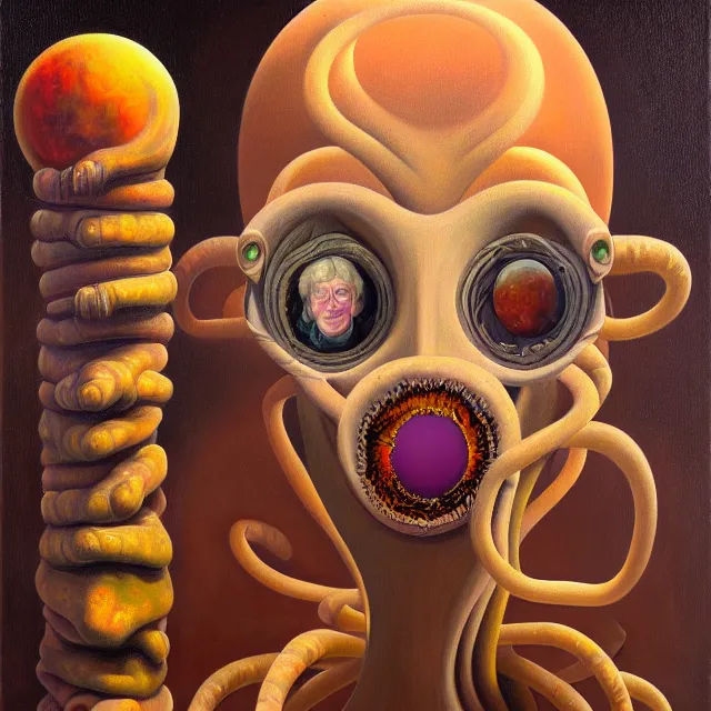 Prompt: an oil on canvas portrait painting, polycount, surrealism, surrealist, lovecraftian, cosmic horror, grant wood, high detail