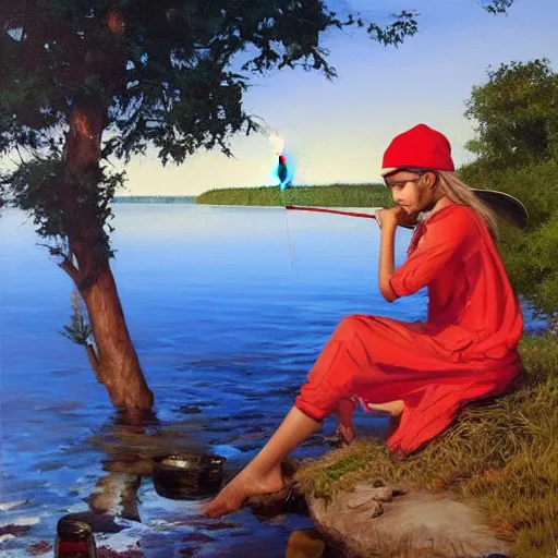 Image similar to oil painting by ilya kuvshinov,, baugh casey, artgerm craig mullins, coby whitmore, of a youthful indian girl, long hair, fishing and wearing fisherman's outfit, fisherman's hat, highly detailed, breathtaking face, studio photography, noon, intense bounced light, water reflection, large tree casting shadow, serine intense sunlight