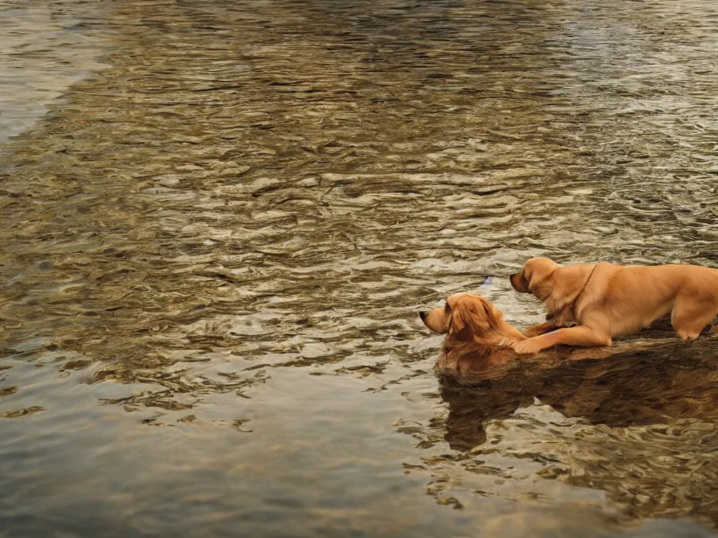 Image similar to a dog looking down at its reflection in water, ripples, river, beautiful!!!!!! swiss forest, photograph, golden hour, octane render, high resolution