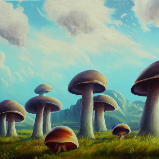 Prompt: alien landscape, oil painting, giant mushrooms, 4k, trending on artstation