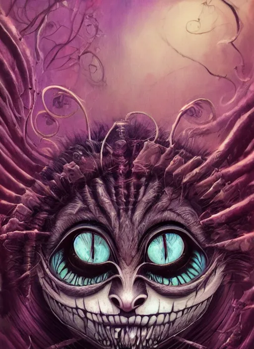 Image similar to cheshire cat, polynesian god, half skull half face, highly detailed, cinematic, 8 k, by megan duncanson, benjamin lacombe, adrian borda, stanley artgermm, tom bagshaw, craig mullins, carne griffiths, ayami kojima, beksinski, giger, trending on deviantart, hyper detailed, horror, full of colour