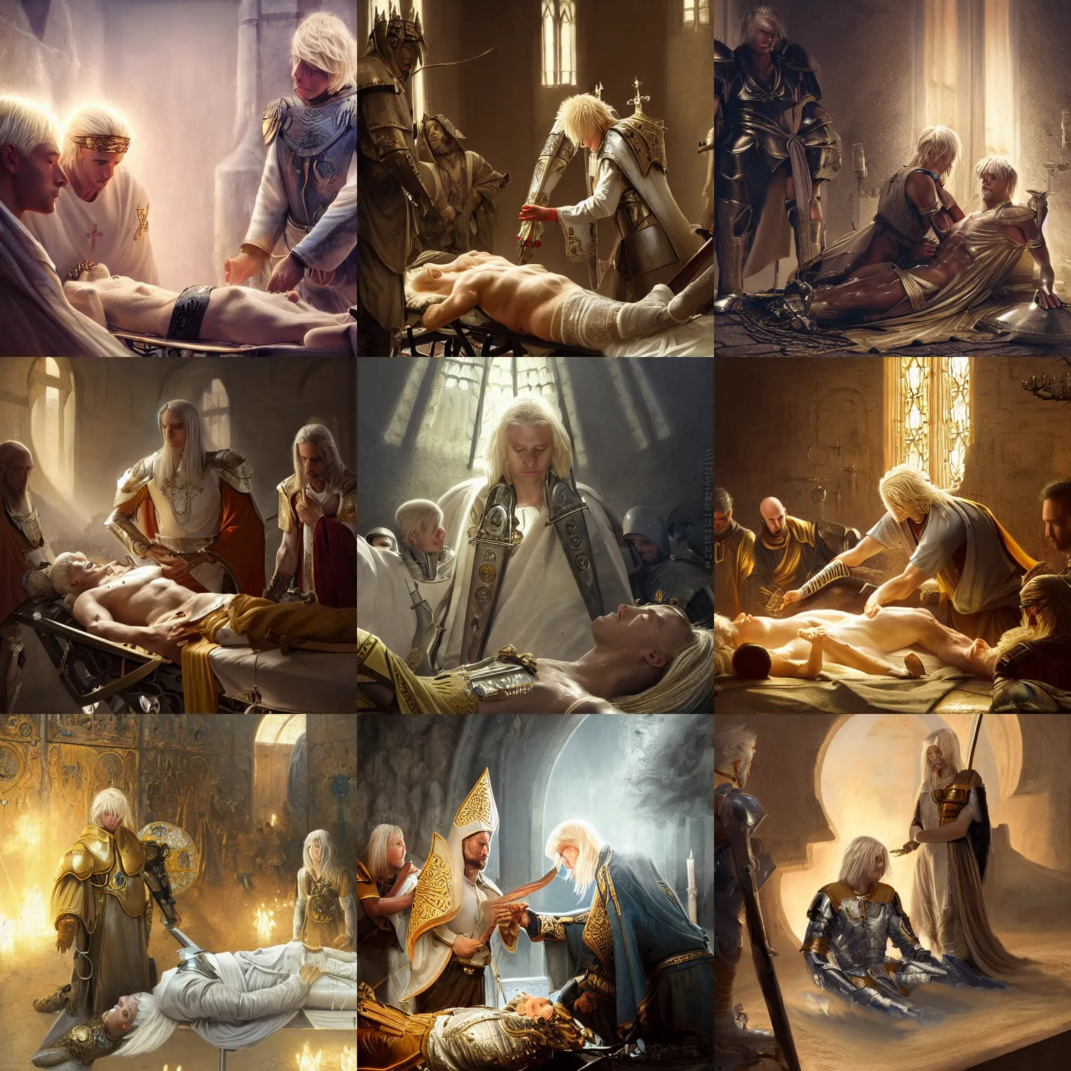 Prompt: extreme closeup portrait of an aasimar man with platinum blonde hair wearing white and gold vestments under armor healing a wounded soldier in armor on a stretcher with golden holy magic in war camp, detailed, realistic, Greg Rutkowski, 4k, pensive, dungeons and dragons, holy magic