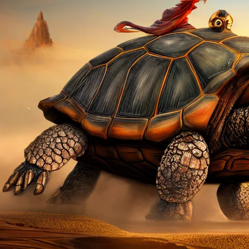 Image similar to gargantuan tortoise with a large fantasy castle armor walking through a sandy wasteland, howls moving castle, mortal engines, mid - distant shot centered birds eye view, fantasy, hyper detailed, 4 k