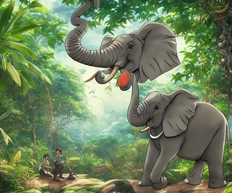 Image similar to elephant in a jungle, anime fantasy illustration by tomoyuki yamasaki, kyoto studio, madhouse, ufotable, comixwave films, trending on artstation