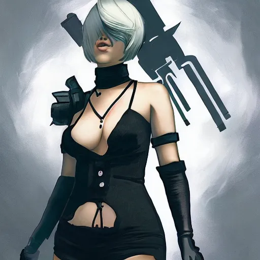 Prompt: illustration gta 5 artwork of 2 b nier automata, in the style of gta cover art, by stephen bliss, trending on artstation, pixiv, 8 k stephen bliss, unreal engine, greg rutkowski, rhads, beeple, ilya kuvshinov, rossdraws, tom bagshaw, alphonse mucha, global illumination, god rays, detailed and intricate environment