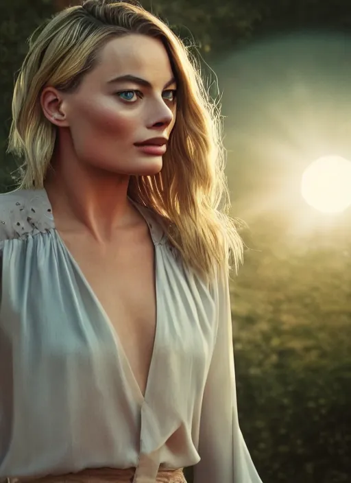 Prompt: beautiful Margot Robbie in a Solarpunk blouse, accurate anatomy, abstract sun in background, shiny soft skin, soft lighting, sharp details, warm colors, full body portrait, 35 mm film, subsurface scattering, lens flare