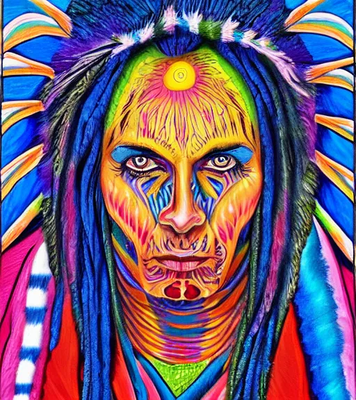 Image similar to Portrait painting in a style of Alex Grey of a shaman dressed in a colorful traditional clothes.