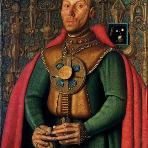 Image similar to a portrait of cyborg king connected to a man-machine interface by Jan van Eyck, renaissance style