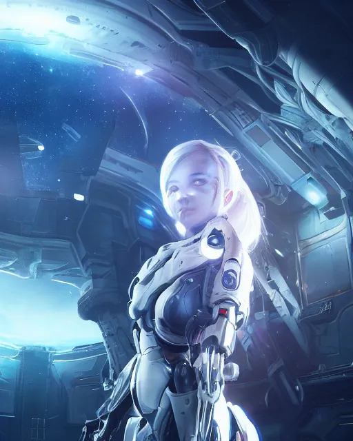 Image similar to photo of a cyborg girl on a space ship, warframe armor, beautiful face, scifi, nebula reflections, futuristic background, dreamy, white hair, blue eyes, glowing, 8 k high definition, insanely detailed, intricate, innocent, art by akihiko yoshida, antilous chao, li zixin, woo kim