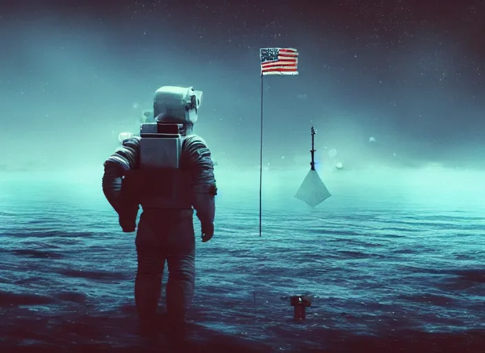 Image similar to astronaut holding a flag in an underwater desert. a submarine is visible in the distance. dark, concept art, cinematic, dramatic, atmospheric, 8 k, trending on artstation, blue, fish, low visibility, fog, ocean floor, christopher nolan, interstellar