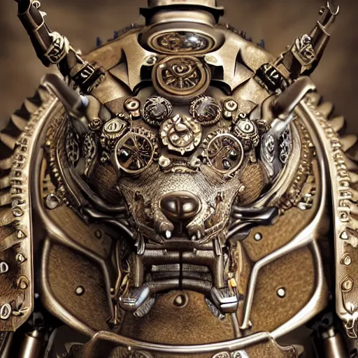 Image similar to A steampunk ornate wolf made of engraved full plate armor and gears, Macro shot by Justin Gerard, unreal engine, physically based rendering