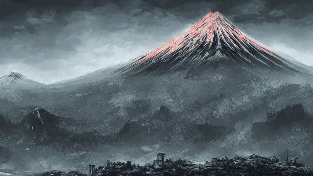 Prompt: a digital art of a mountain fuji landscape, dark souls style, elden ring style