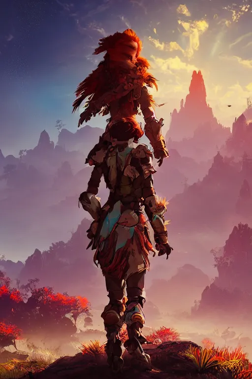 Image similar to combination suit armor aloy horizon forbidden west horizon zero dawn radiating a glowing aura global illumination ray tracing hdr fanart arstation by ian pesty and alena aenami artworks in 4 k tribal robot ninja mask helmet backpack