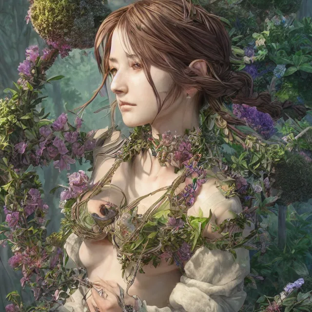 Image similar to the portrait of chaotic good female druid botanist as absurdly beautiful, gorgeous, elegant, young gravure idol, an ultrafine hyperdetailed illustration by kim jung gi, irakli nadar, intricate linework, sharp focus, bright colors, octopath traveler, final fantasy, unreal engine 5 highly rendered, global illumination, radiant light, detailed and intricate environment