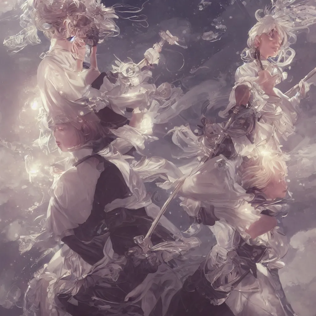 Prompt: portrait of a magical girl in a sailor's suit with a samurai sword, dreamy and ethereal, silver hair, happy expression, ornate frilly dress, fantasy, intricate, highly detailed, digital painting, artstation, concept art, smooth, sharp focus, illustration, art by artgerm and greg rutkowski and alphonse mucha