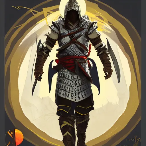 Prompt: an ultra detailed vector image of solaire of astora dressed as ezio auditore, concept art by alphonse mucha and greg rutkowski, praise the blood moon, octane render, liminal space