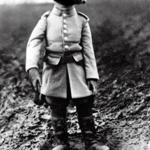 Image similar to a black and white photograph, portrait of a rabbit wearing ww1 uniform, standing in a muddy trench