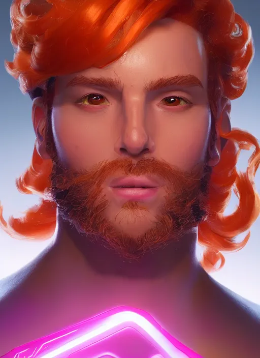 Image similar to glowwave portrait of curly orange hair man from overwatch, au naturel, hyper detailed, digital art, trending in artstation, cinematic lighting, studio quality, smooth render, unreal engine 5 rendered, octane rendered, art style by klimt and nixeu and ian sprigger and wlop and krenz cushart.