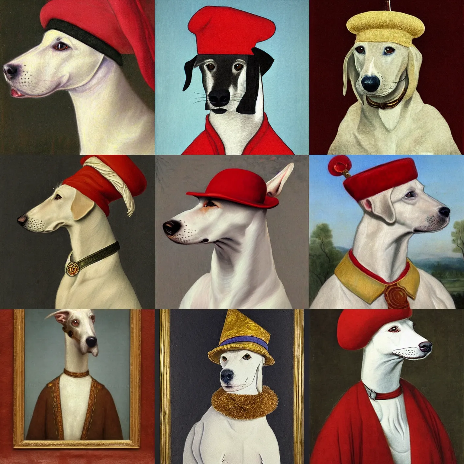 Prompt: A masterpiece portrait of a white greyhound wearing a fez and holding a sword. Very detailed. intricate elegant highly detailed