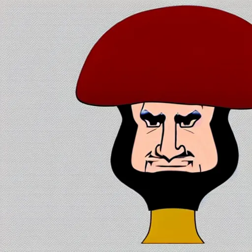 Image similar to vladimir putin with a nuclear mushroom cloud for a hat, cartoonish, in the style of genndy tartakovsky