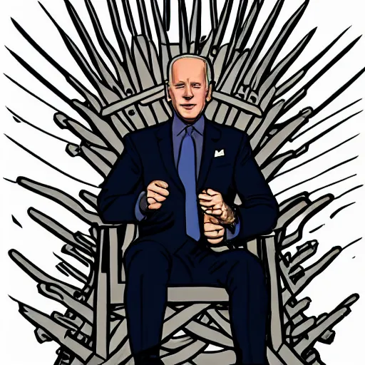 Prompt: joe biden sitting on top of a giant iron throne, a poster by matt bors, trending on reddit, sots art, official art, glorious, epic