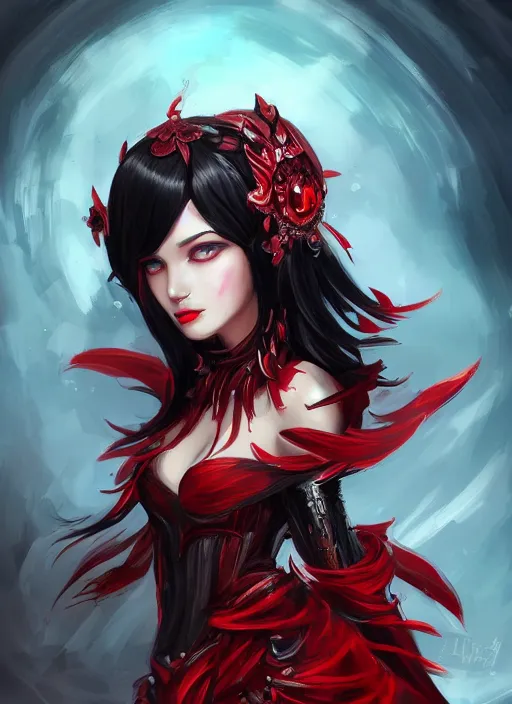 Image similar to a highly detailed illustration of beautiful black long hime cut hair woman wearing a red battle dress, red eyes, dramatic smile pose, intricate, elegant, highly detailed, centered, digital painting, artstation, concept art, smooth, sharp focus, league of legends concept art, WLOP