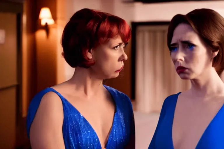 Prompt: full body film still of a man longingly looking at a woman in a red dress as a woman in a blue dress looks disgusted at the man in the new romance comedy movie, dramatic angle, dramatic lighting