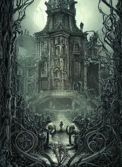 Prompt: a photorealistic dramatic hyperrealistic render of an eerie haunted house in pan's labyrinth by joe fenton, color poster art design, intricate details, beautiful dynamic dramatic dark moody tones and lighting, shadows, cinematic atmosphere, octane render, 8 k