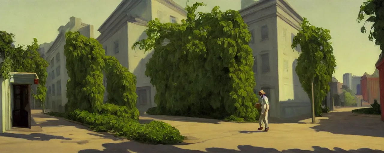 Image similar to oil painting of a man wandering the abandoned streets of city and the buildings are covered in plants and vines, edward hopper.