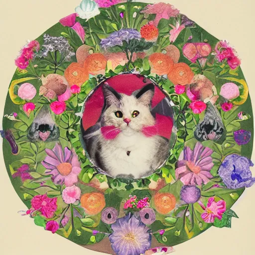 Image similar to image is fully filled with preserved flowers and detailing cat face is emerging from the center, rokoko style